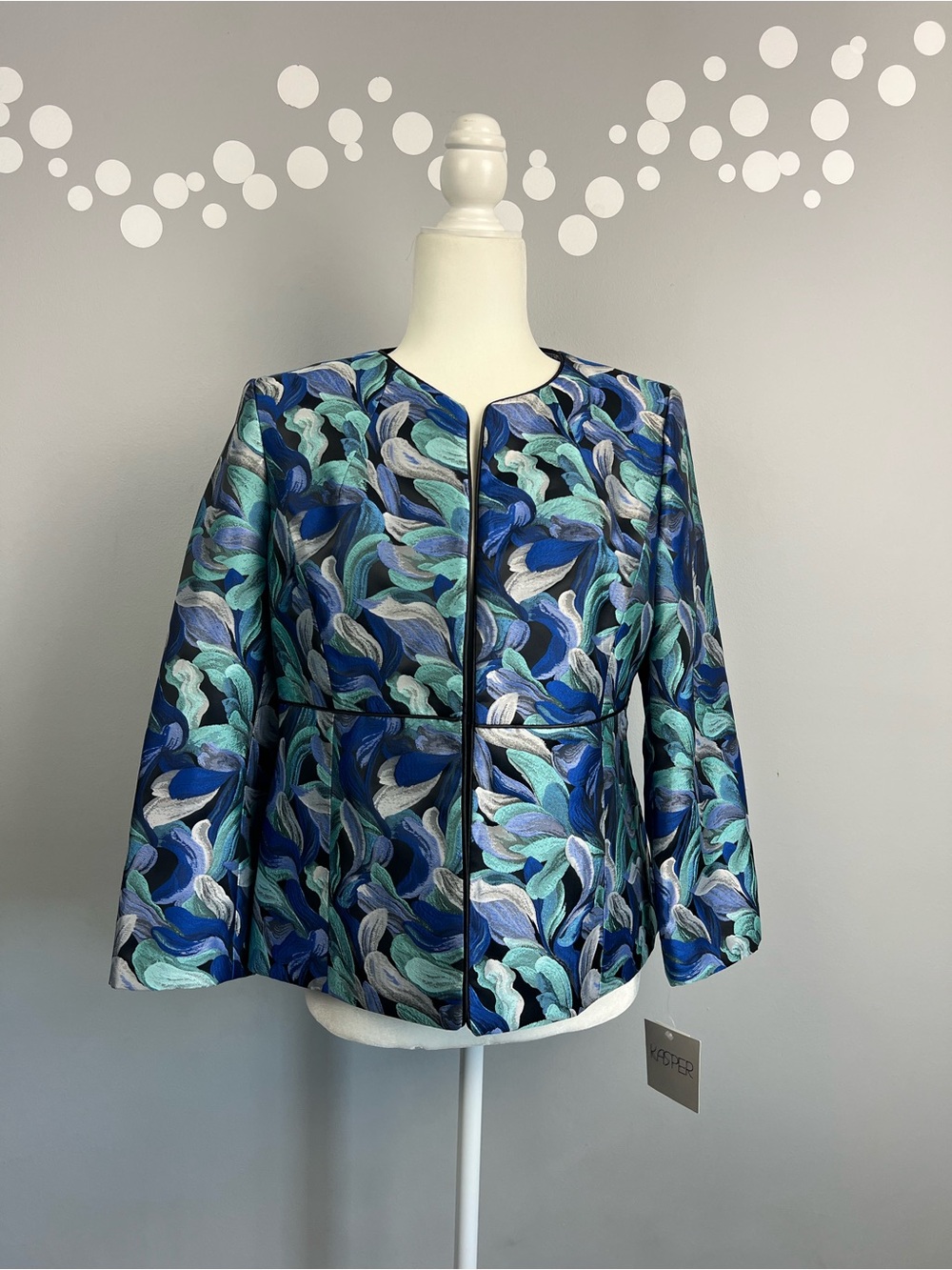 Kasper Sea Glass Blue Jacquard Flyaway Jacket NWT Size 4 Open Front Career Blaze